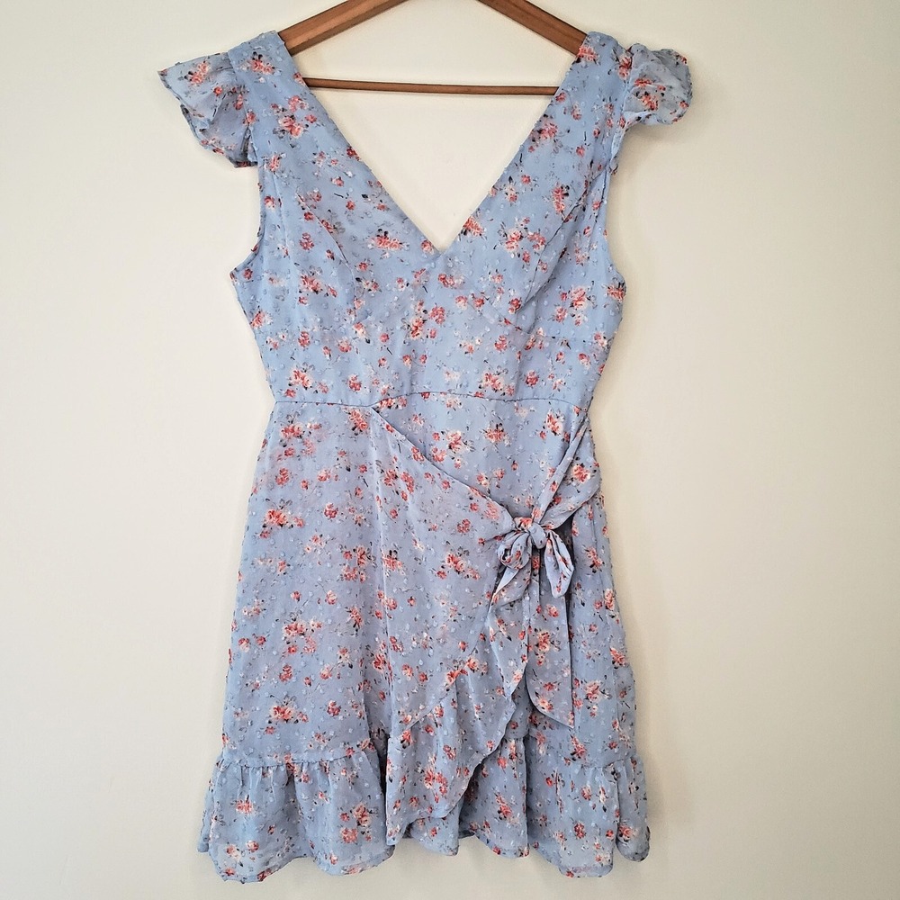 Dee Elly Blue Sheer Babydoll Dress Sz S Ditsy Floral Fairy Coquette Romantic
